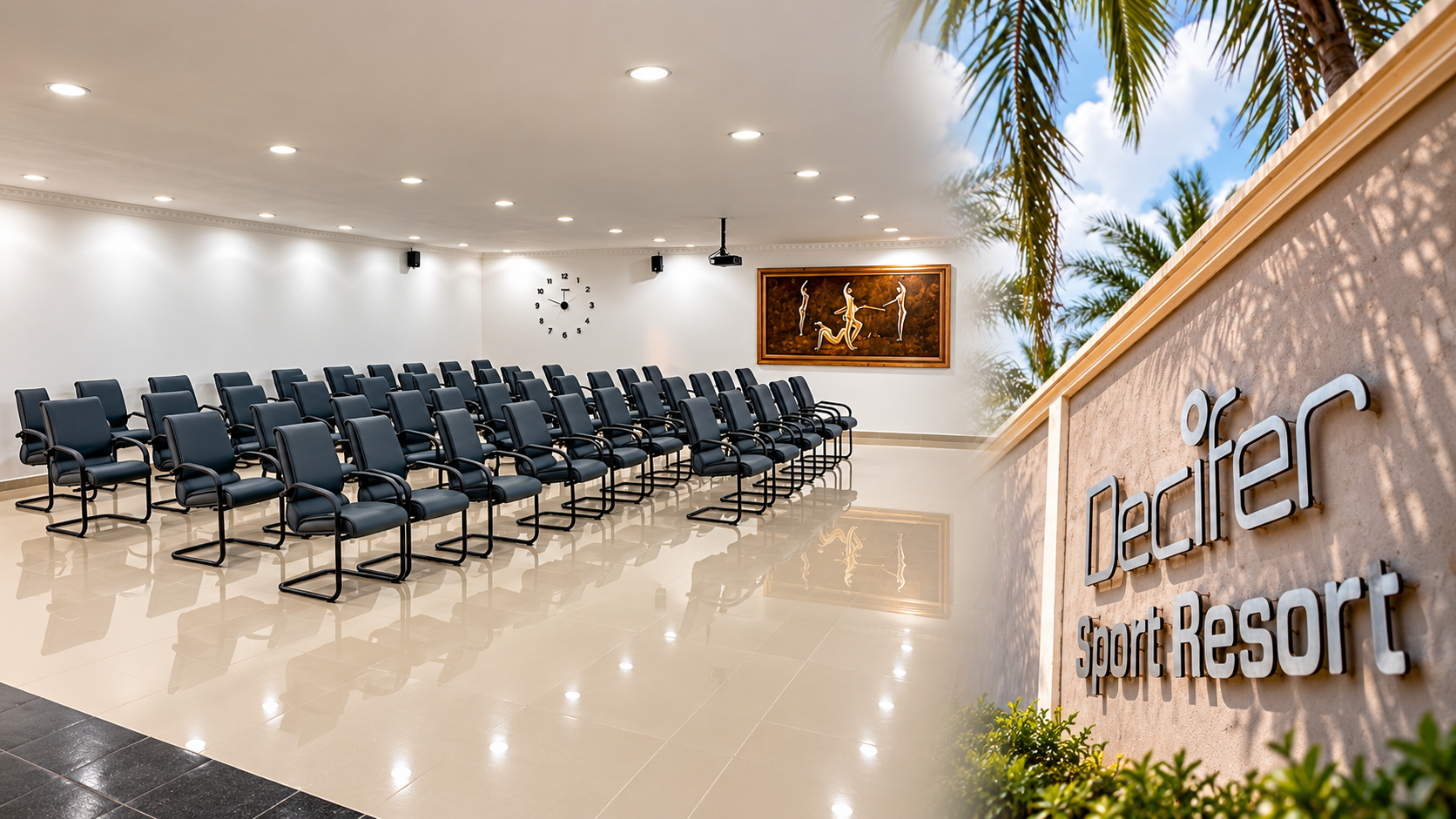 Montagem ilustrativa com IA da sala de reuniões e fachada do DECIFER