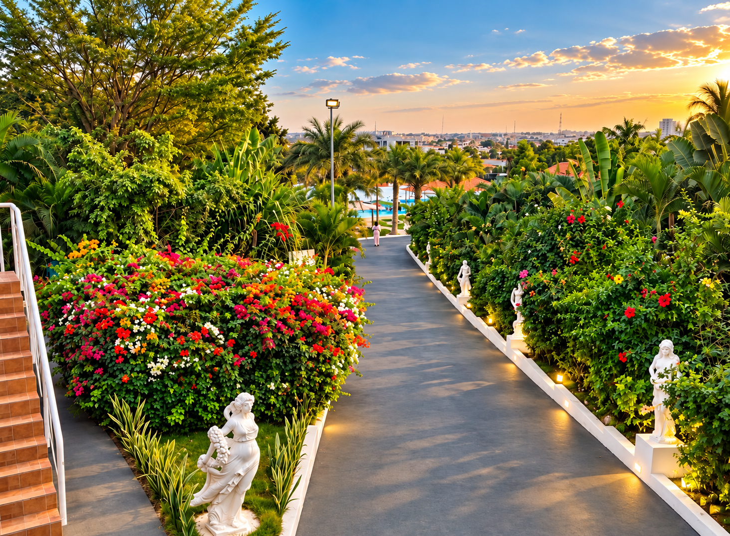 Caminho entre os jardins do DECIFER Sport Resort, com a piscina e Luanda ao fundo