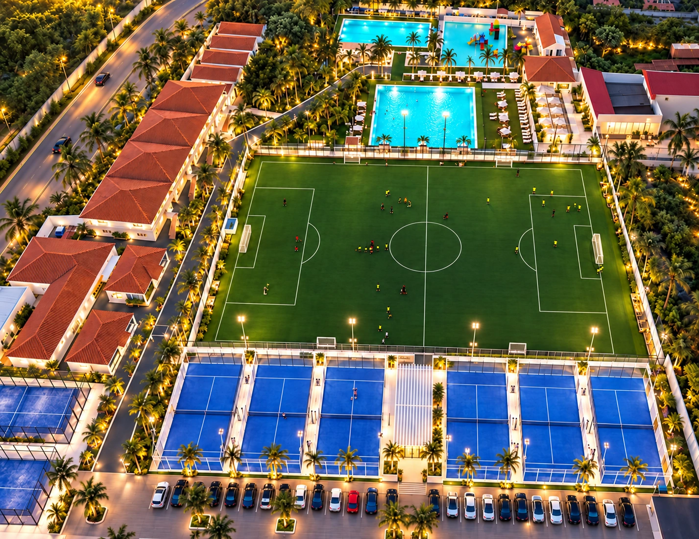 Vista aérea dos campos de futebol e padel e das piscinas DECIFER