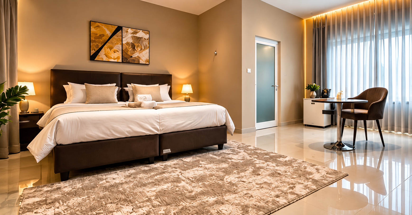 Quarto do DSR com cama de casal, iluminação acolhedora e zona de estar