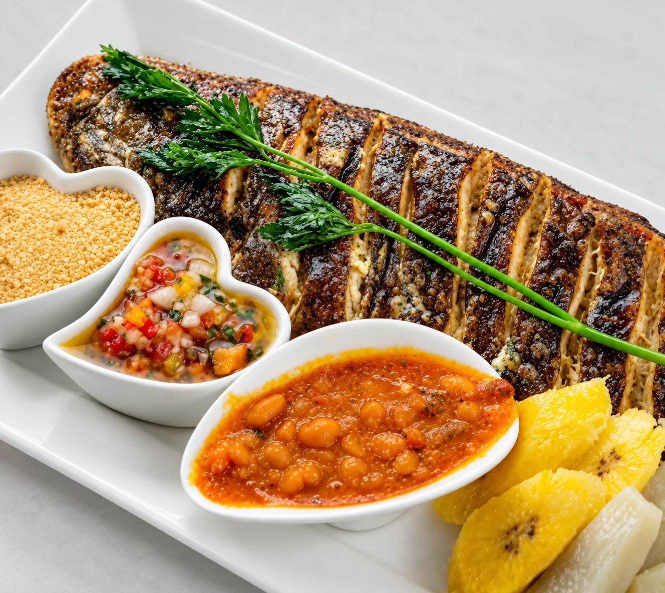 Peixe grelhado servido com acompanhamentos