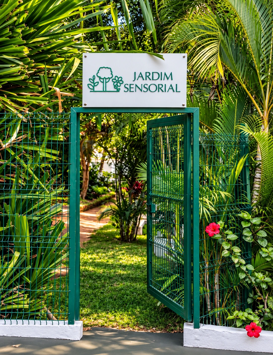 Entrada real do Jardim Sensorial do DECIFER, com portão verde e vegetação tropical