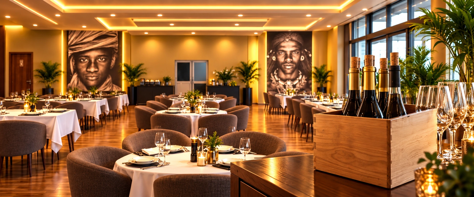 Restaurante DECIFER iluminado em tons dourados, com uma caixa de vinhos e copos em primeiro plano