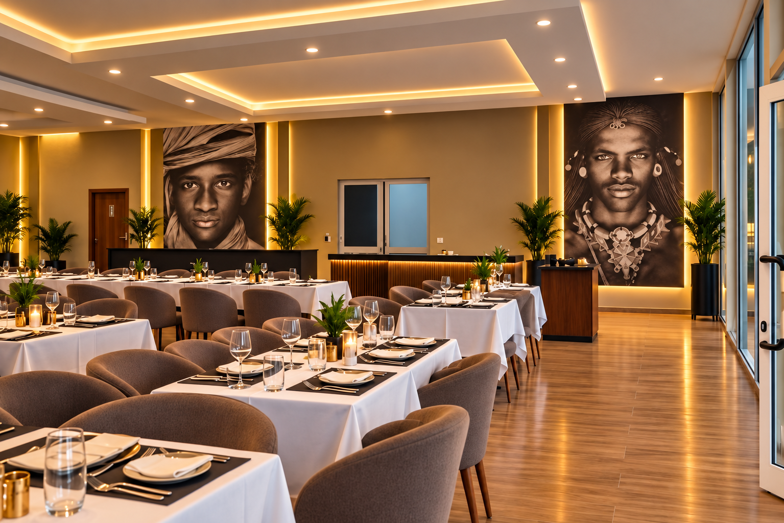 Sala do Restaurante DSR Luanda com mesas postas e murais