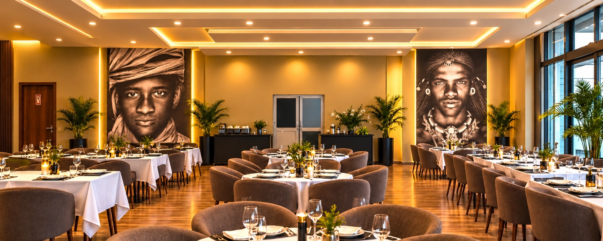 Sala do restaurante com mesas postas, iluminação acolhedora e murais nas paredes