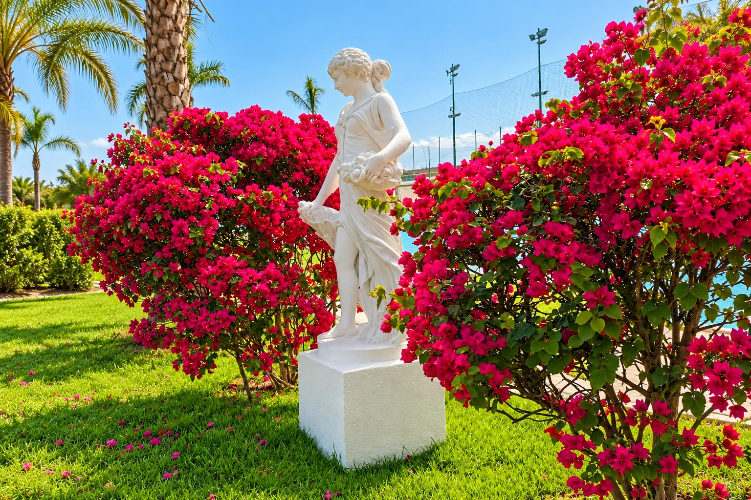 Estátua entre flores do jardim