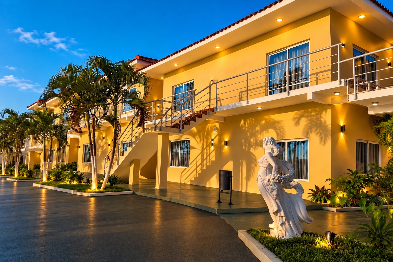 Fachada do hotel ao entardecer