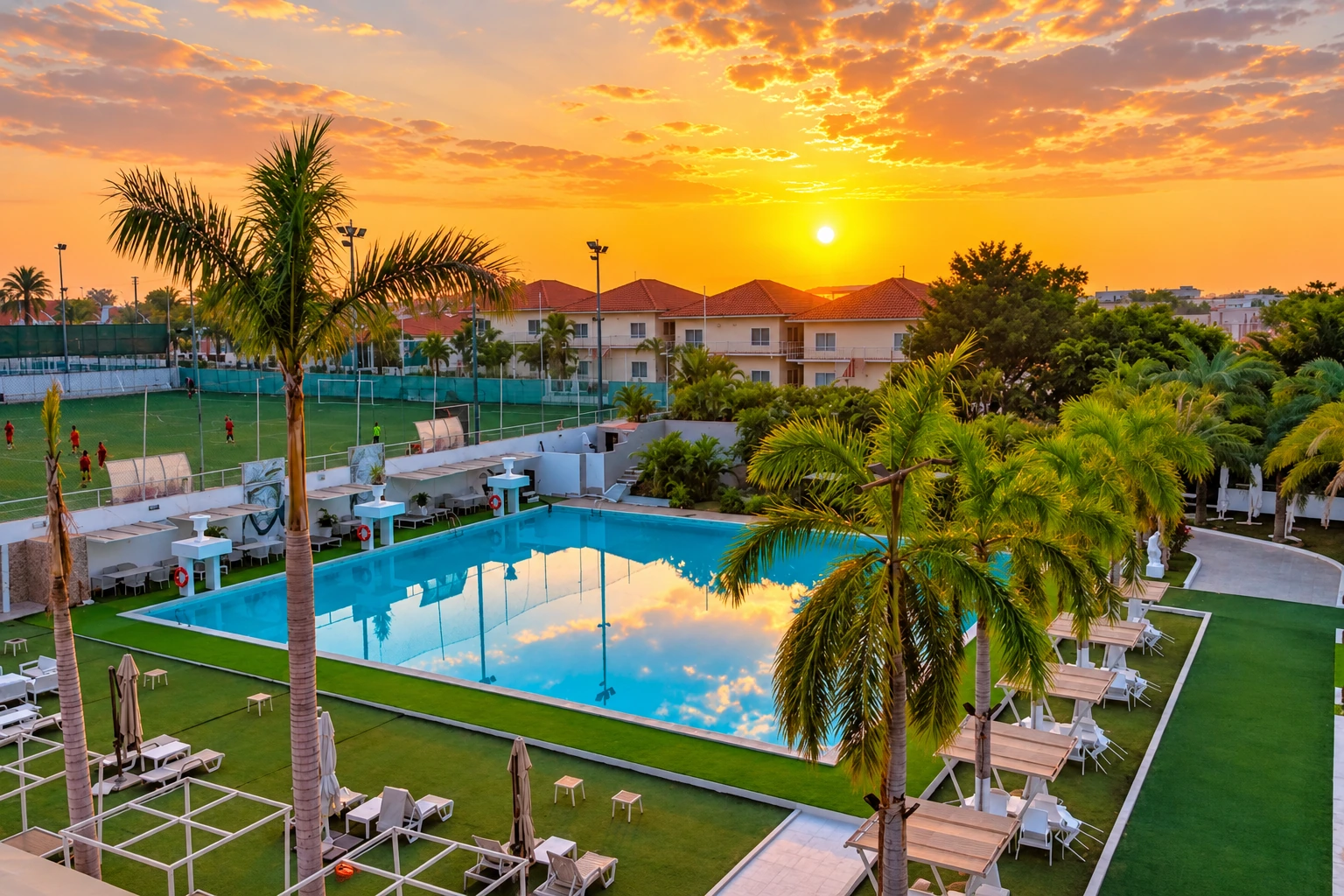 Vista da piscina ao pôr do sol