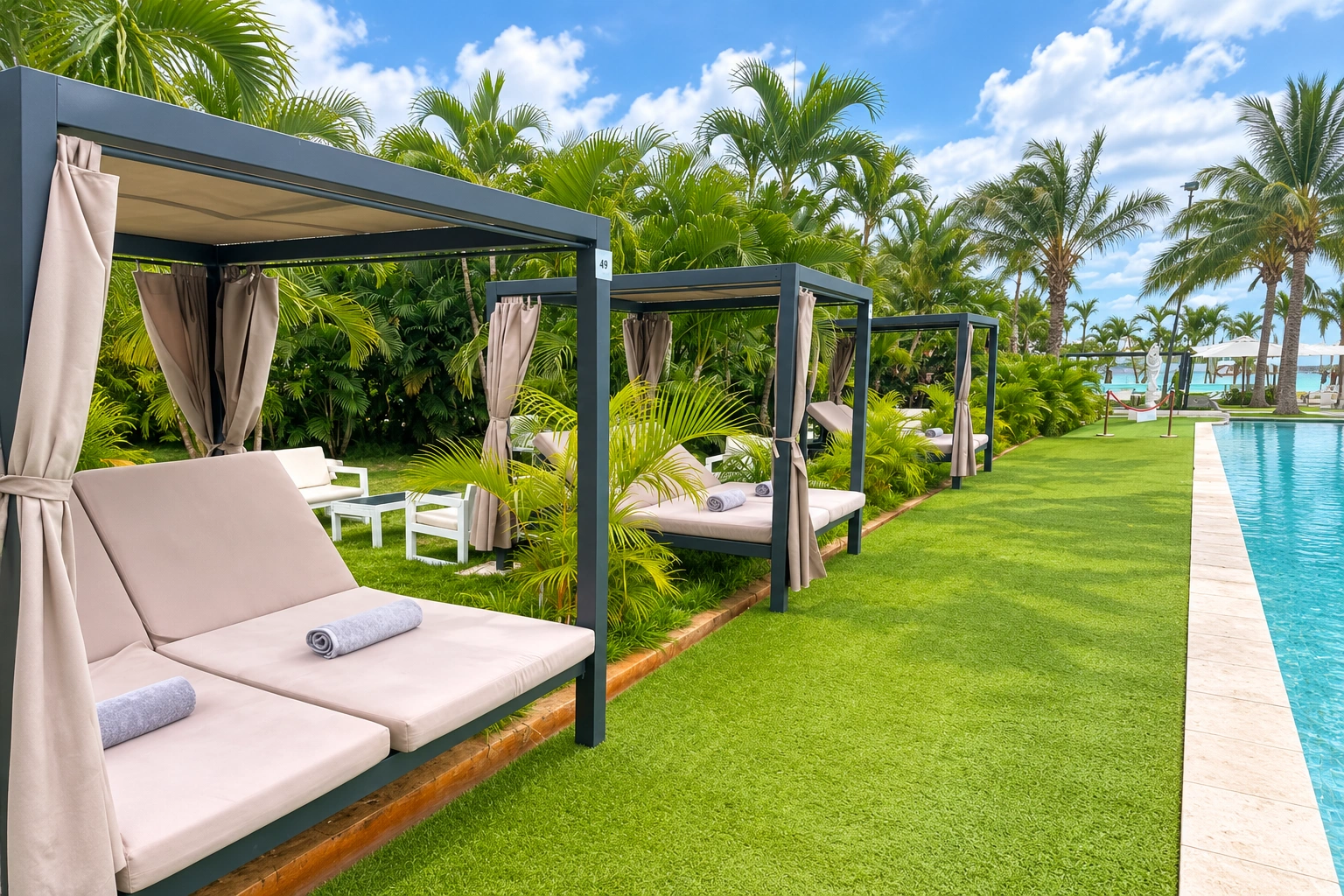 Cabanas e espreguiçadeiras no jardim
