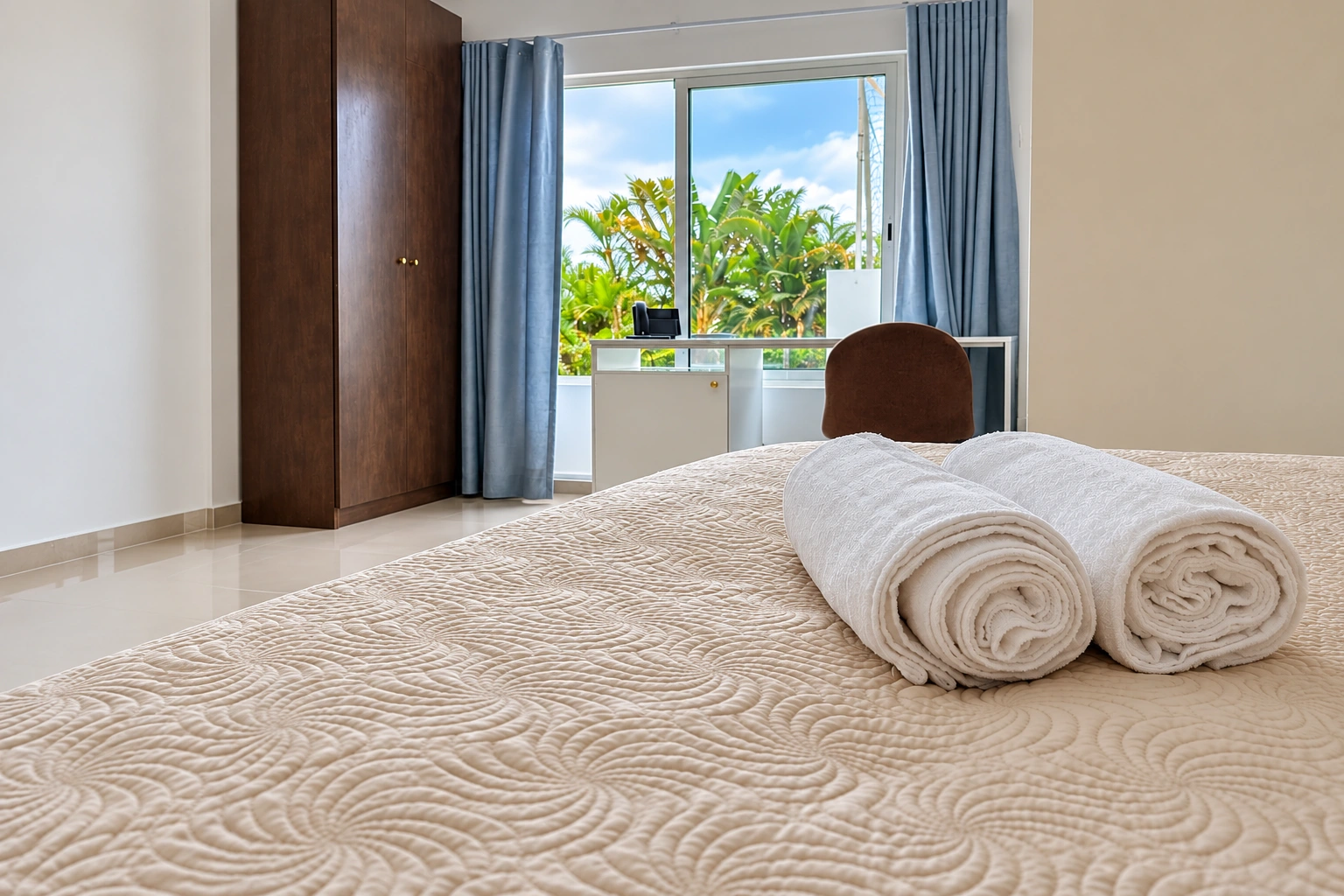 Quarto com toalhas e vista para o jardim